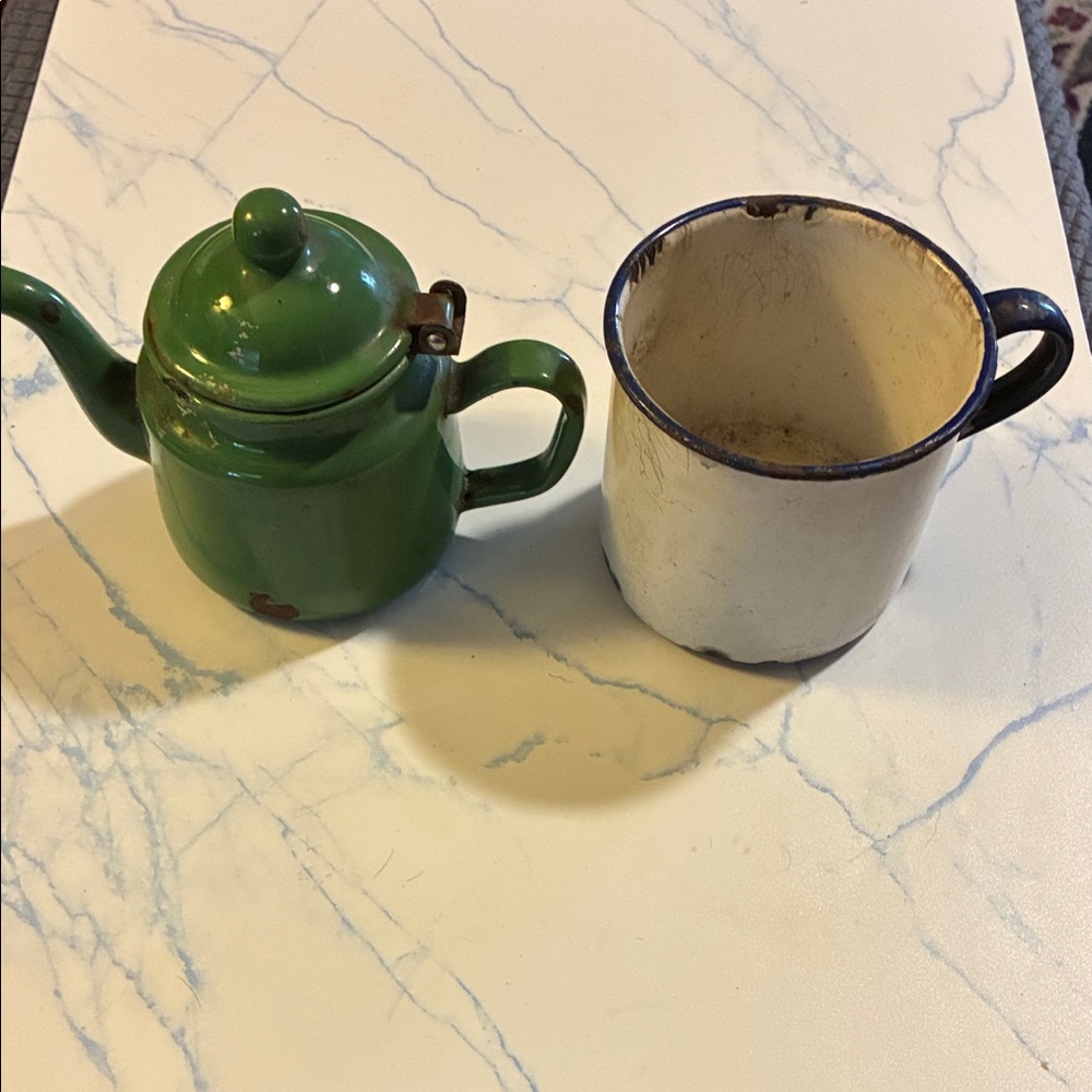 Green Vintage Enameled Teapot and White Mug Set of 2- Rustic